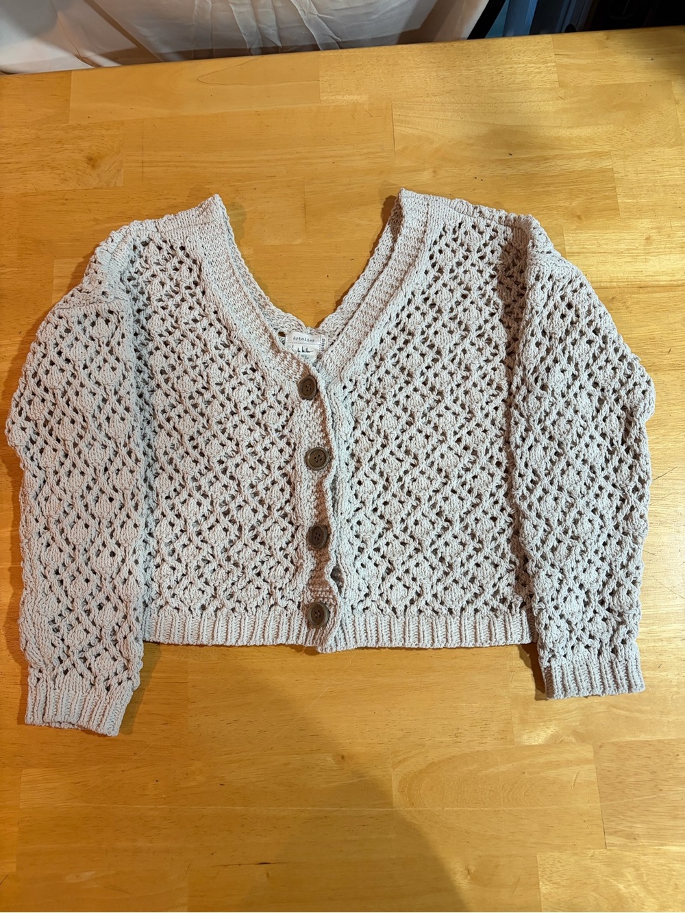 Nicole Miller Light Beige Crochet-Style V-Neck Button Cardigan